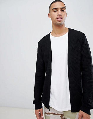 Asos Design Knitted Lightweight Cable Cardigan In Black