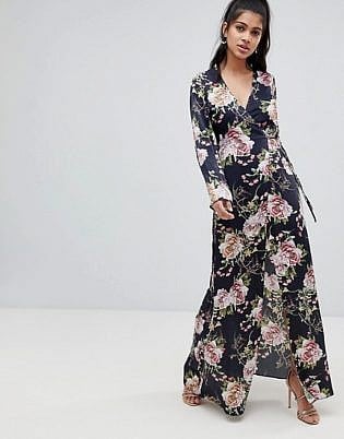 Asos Design Satin Wrap Maxi Dress In Navy Floral Print