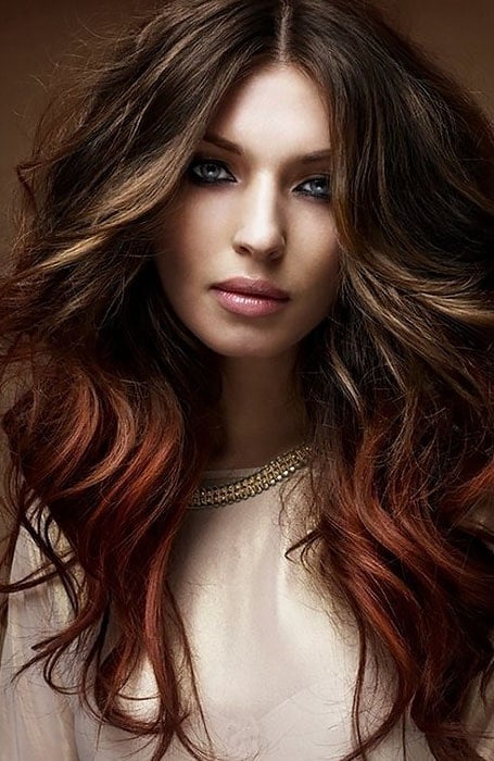 Chocolate Brown Hair with Light Brown Highlights and Red Ends