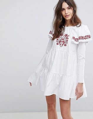 Fashion Union Embroidered Smock Dress With Exaggerated Sleeves