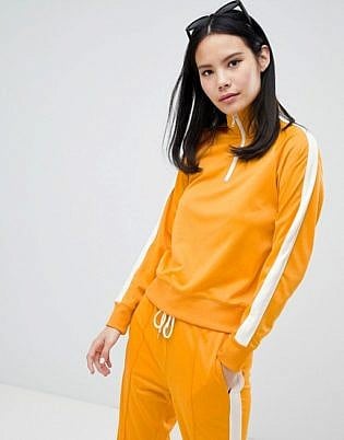 Monki Side Stripe Zip Up Sweatshirt In Mustard