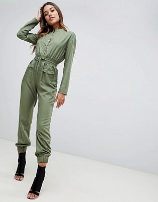 Prettylittlething Utility Jumpsuit In Khaki