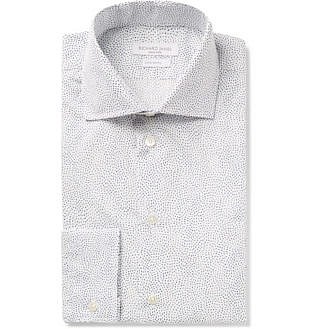 White Slim Fit Cutaway Collar Printed Cotton Poplin Shirt