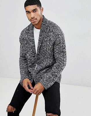 Boohooman Heavy Knit Cardigan With Shawl Neck In Gray Marl