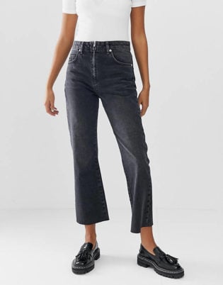 Asos Design Egerton Rigid Cropped Flare Jeans In Washed Black With Zip Fly Detail