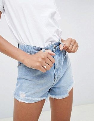 Asos Design Denim Short With Shredded Hem In Vintage Blue