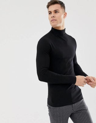 Asos Design Organic Muscle Fit Roll Neck Long Sleeve T Shirt With Stretch In Black