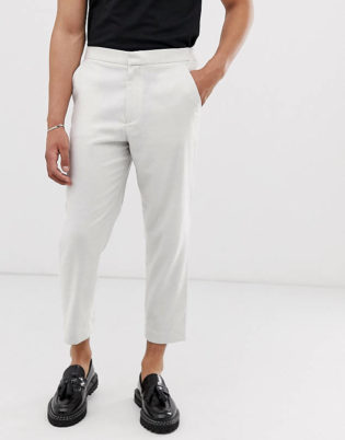 Asos Design Tapered Crop Smart Pants With Half Elasticated Waist In Off White Texture