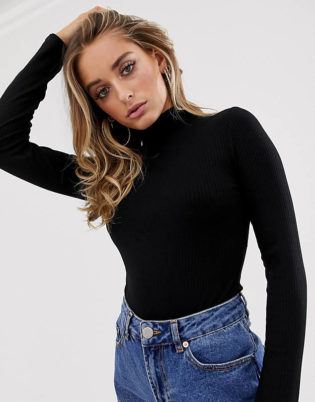 Asos Design Turtleneck Rib Long Sleeve Body In Black