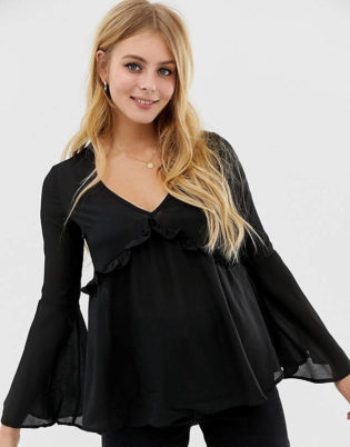 Brave Soul Bell Sleeve Blouse With Ruffle Detail In Black