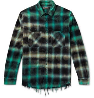 Distressed Checked Cotton Blend Flannel Shirt