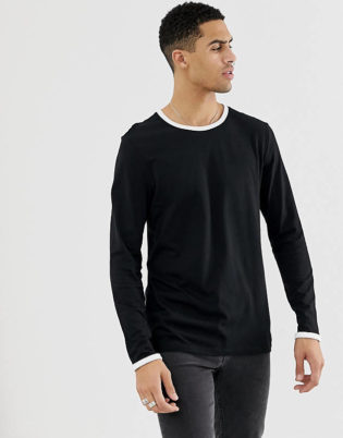 New Look Long Sleeved Ringer T Shirt In Black