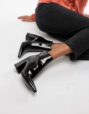 Public Desire Empire Black Patent Block Heeled Ankle Boots