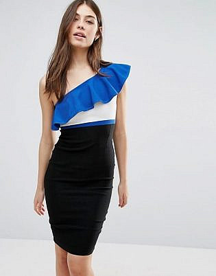 Vesper One Shoulder Pencil Dress With Contrast Frill
