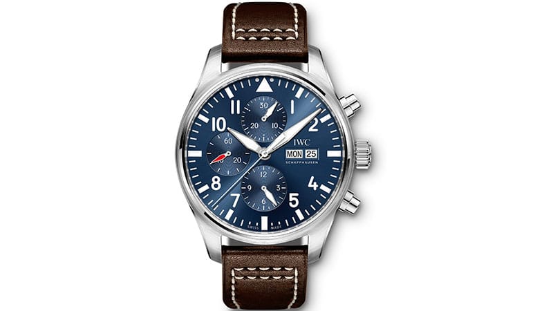 blue watch with brown leather strap