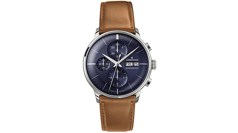 blue watch with brown leather strap