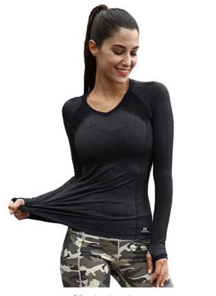 Matymats Women’s Active Compression Tops Long Sleeve Yoga Running Workout T Shirts With Thumb Holes