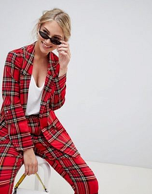 Stradivarius Red Plaid Longline Blazer & Pants Suit