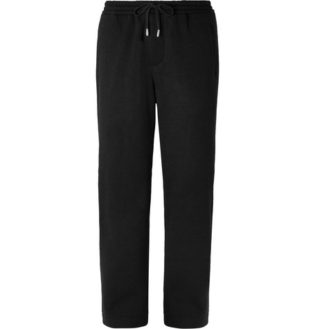 Wide Leg Black Fleece Back Wool Blend Drawstring Trousers
