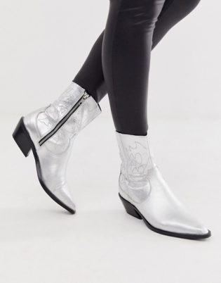 Asos Design Autumnal Leather Cowboy Boots In Silver