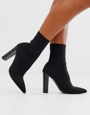 Asos Design Enhance Block Heel Sock Boots In Black Knit