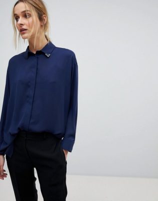 Asos Design Longline Blouse With Collar Tip Detail