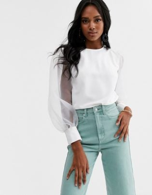 Asos Design Top With Organza Sleeve Detail