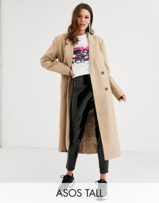 Asos Design Tall Double Breasted Longline Coat In Camel