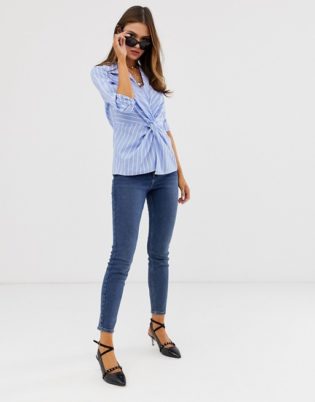 Asos Design Long Sleeve Plunge Shirt With Knot Front In Cotton Poplin In Stripe