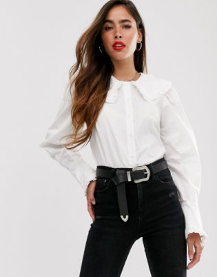Asos Design Long Sleeve Shirt With Ruffle Collar In Cotton