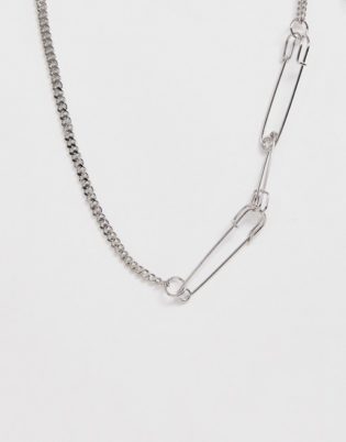 Asos Design Necklace With Safety Pins And Hardware Chain In Silver Tone