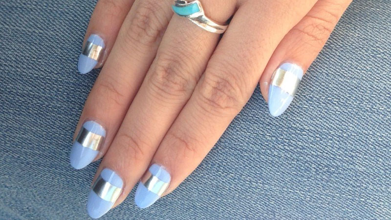 Almond Shaped Nails with Silver Stripe