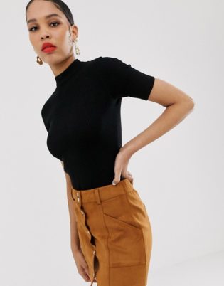 Bershka High Neck Tight Ribbed Knitted Top In Black