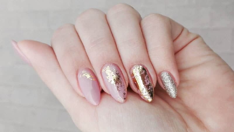 Gold and Pink Almond Shaped Nails