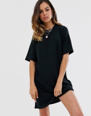 New Look Ribbed Mini T Shirt Dress In Black