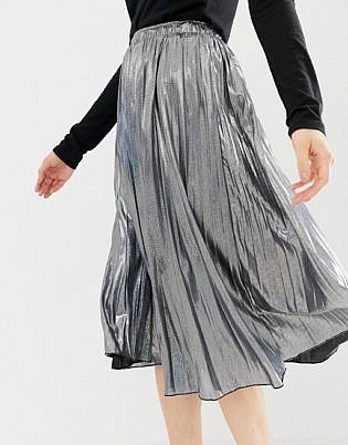 Qed London Jupe Midi Métallique Plissée Metallic Midi Skirt