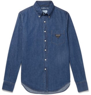 Slim Fit Button Down Collar Logo Appliquéd Denim Shirt