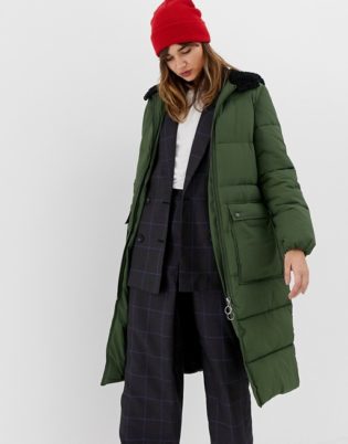 Stradivarius Hooded Maxi Puffer Coat In Green