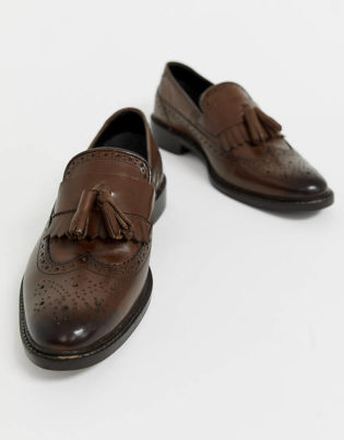 Asos Design Loafers In Brown Leather With Natural Sole And Fringe Detail