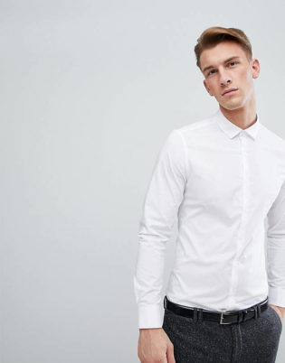 Asos Design Stretch Slim Formal Work Shirt With Double Cuff In White