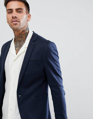 Asos Design Super Skinny Blazer In Navy Jersey