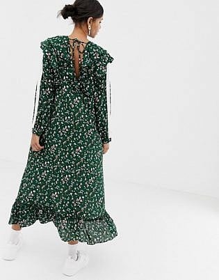 Ghospell Midi Smock Dress With Ruffle Hem In Ditsy Floral