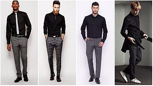 black shirt grey pants casual