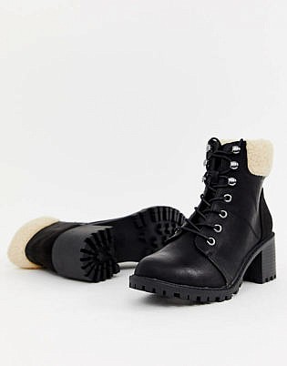 New Look Shearling Lace Up Heeled Boot In Black
