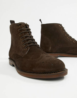 Walk London Darcy Brogue Boots In Brown Suede