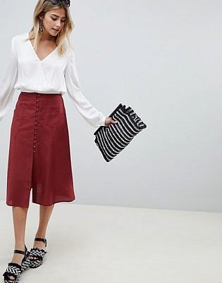 Asos Design Full Midi Skirt With Button Front