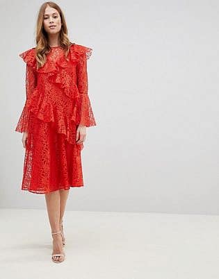 Asos Lace Midi Dress With Ruffles And Fluted Sleeves