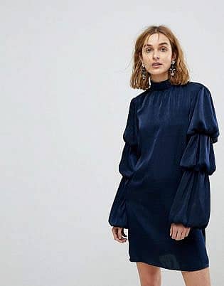 Lost Ink High Neck Shift Dress With Tiered Ruffle Sleeves