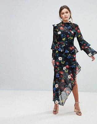 Miss Selfridge Floral Print Asymmetric Ruffle Detail Midi Dress