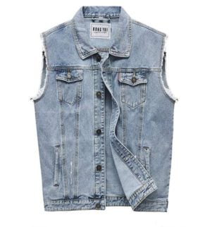 Rongyue Men's Casual Button Down Denim Vest Sleeveless Jacket With Broken Holes